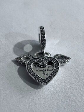 New Authentic Pandora Silver Charm Heart and Angel Wings Dangle Charm 796361NCB